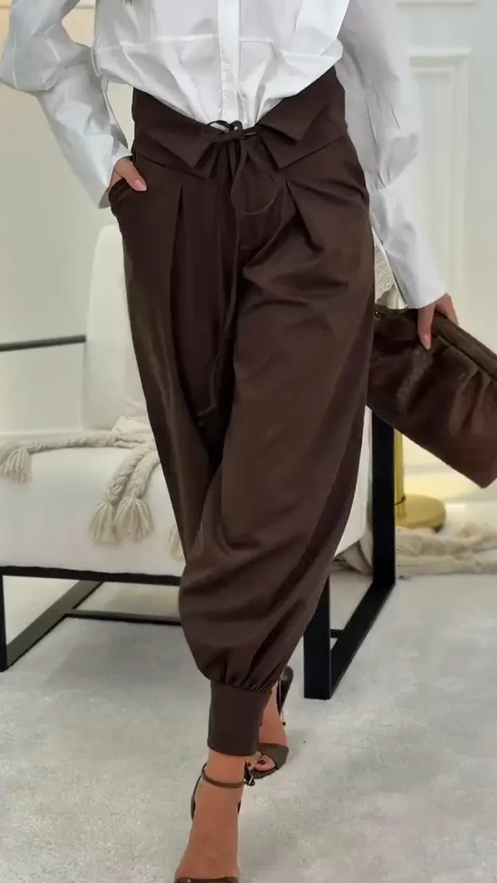Women Drawstring Splicing Solid Color Casual Pants