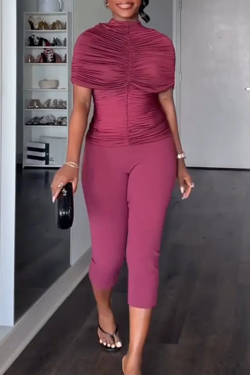 Women Round Neck Pleated Patchwork Top + Tight Pants Casual Set