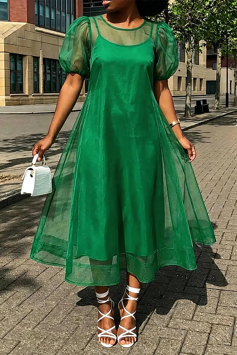 Women's Inner Camisole Dress+ Round Neck See Through Dress Elegant Temperament Two-piece Set