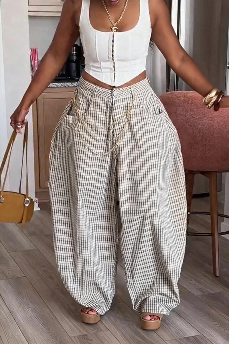 Women's Casual Plaid Versatile Wide Leg Pants