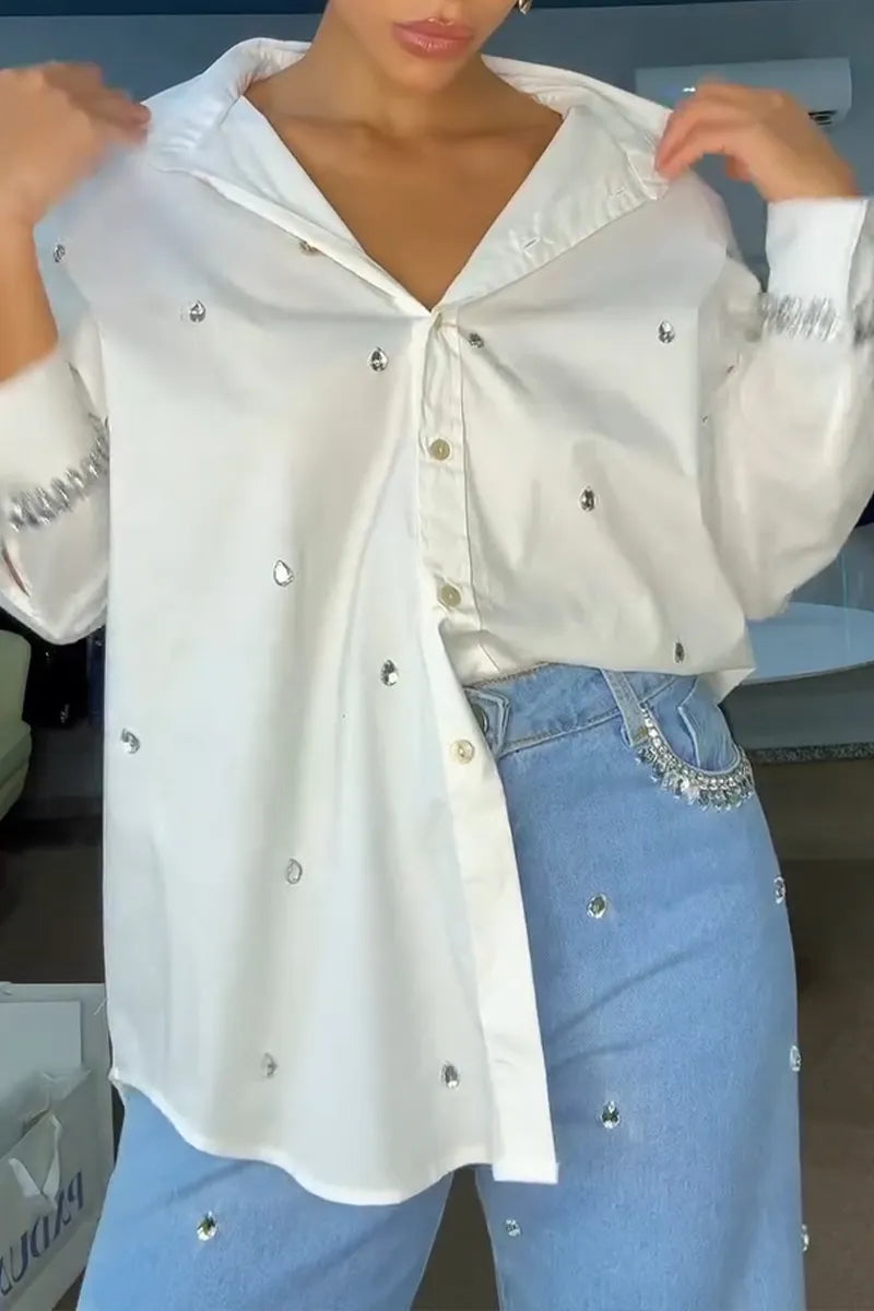 Women's Fashion Commuter Rhinestone Shirts or Wide Leg Jeans