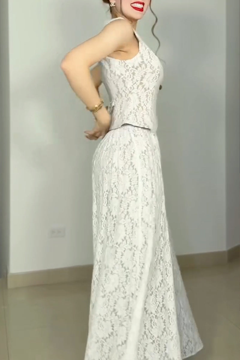 Women's Elegant V-Neck Vest Wide Leg Pants Lace Two-Piece Set