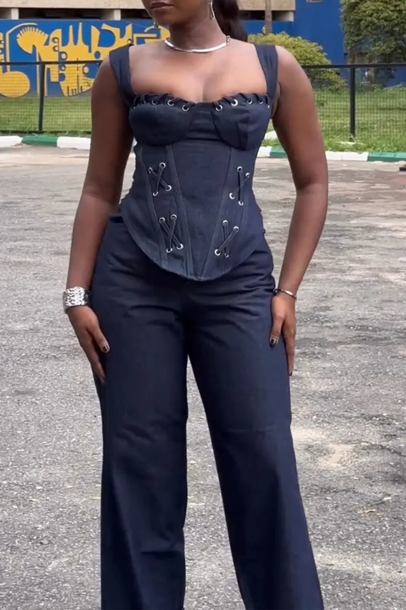 Women's Fashion Lace Up Trim Slim Fit Denim Vest or Wide Leg Jeans