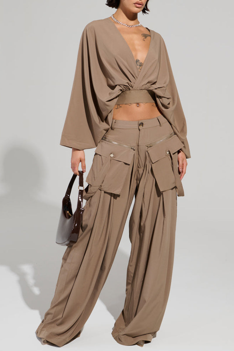 Women's Fashion Batwing Top or Detachable Pocket Wide Leg Pants