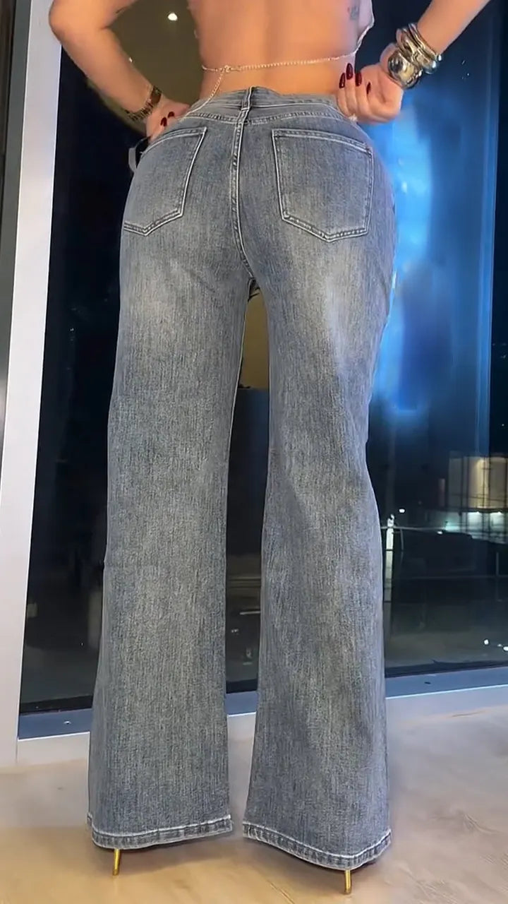 Women Rhinestone Washed Casual Jeans