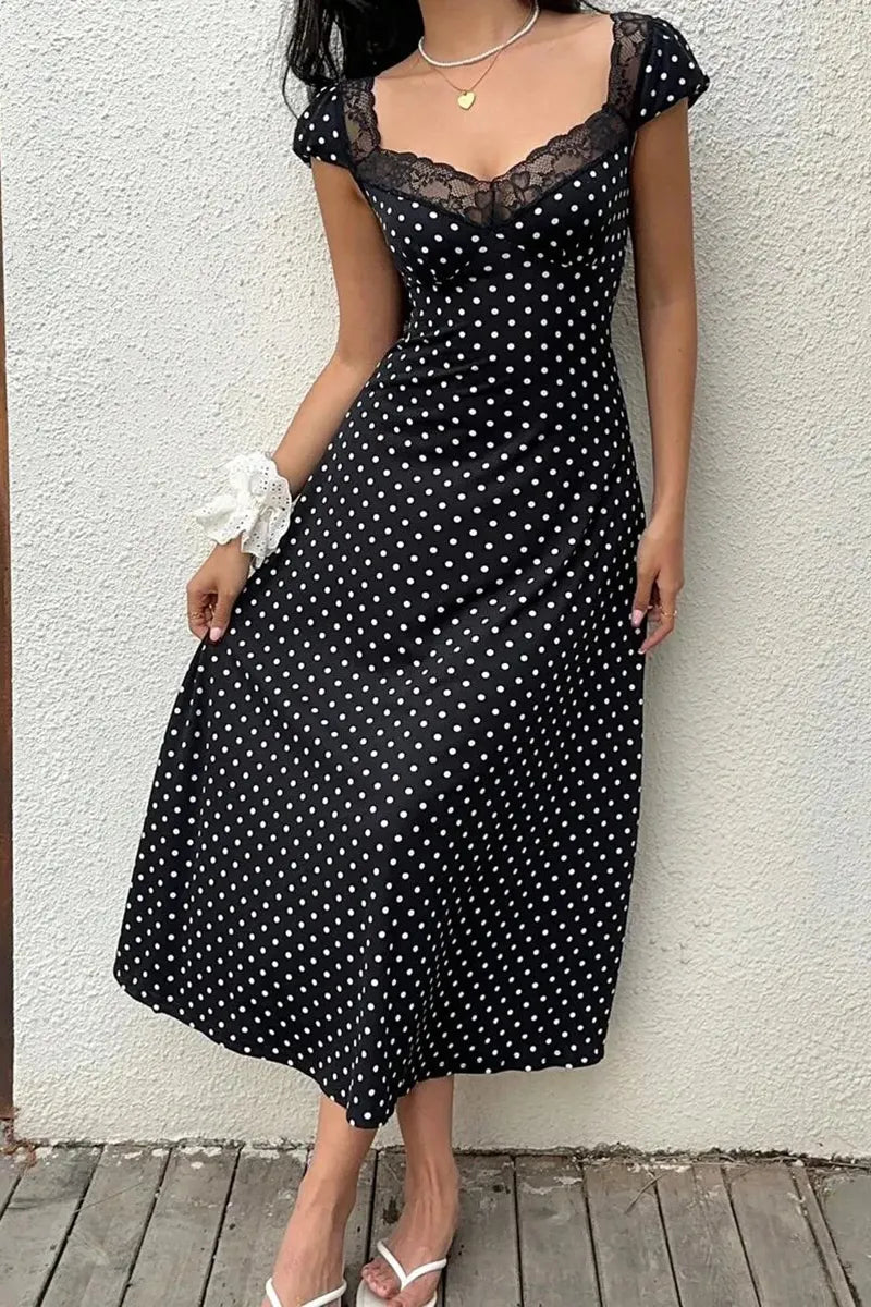 Women's Elegant Lace Patchwork Collar Polka Dot Dress