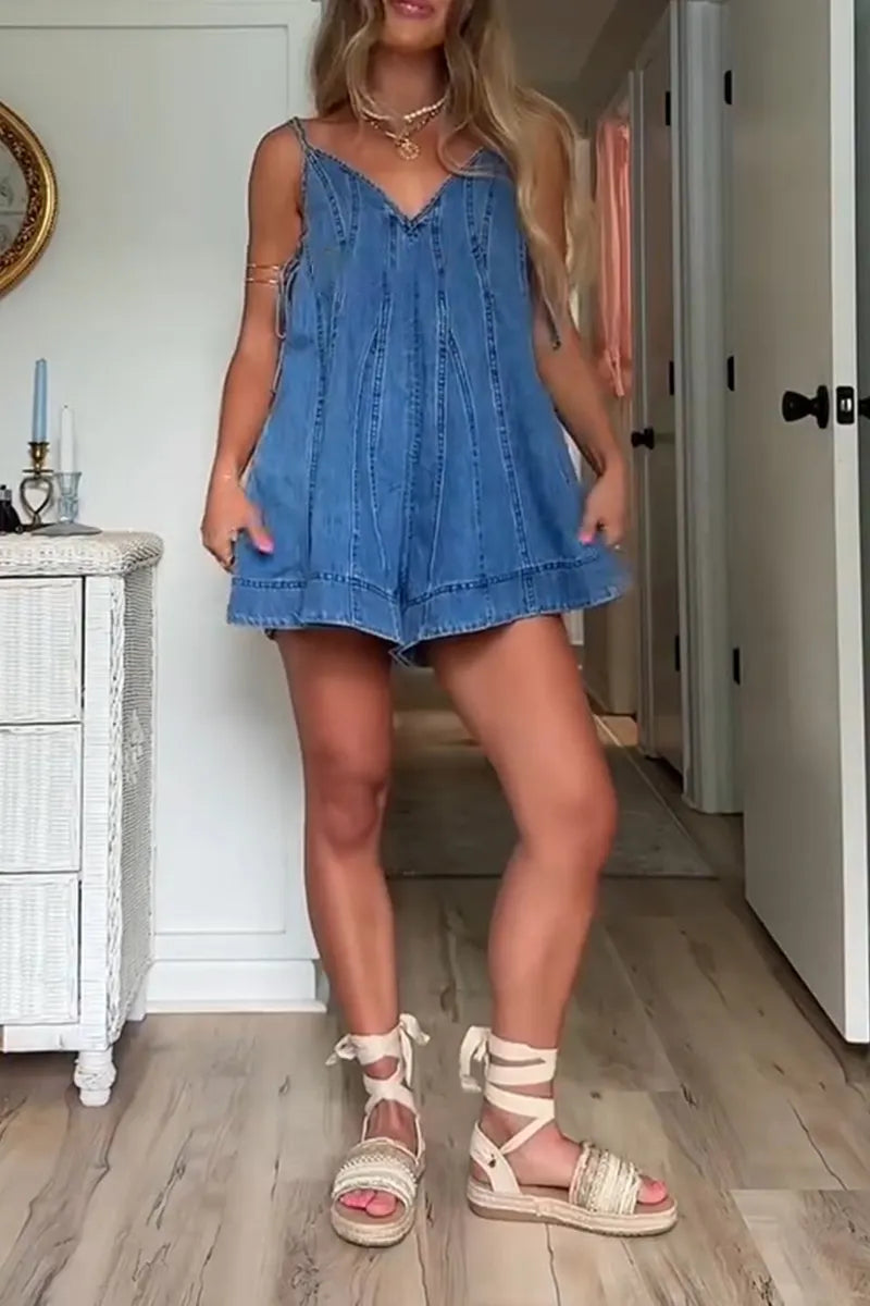 Women's Casual Side Tie Wide Leg Denim Jumpsuit