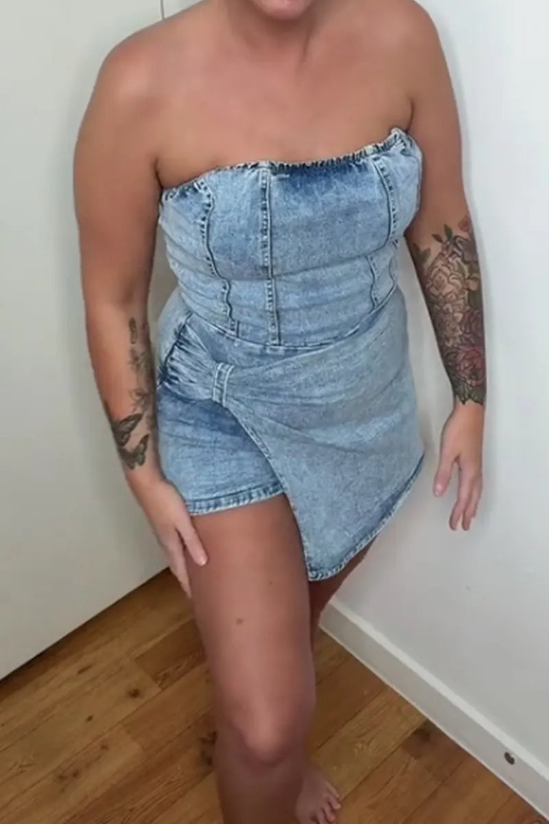 Women's Casual Short Denim Romper With Asymmetrical Design