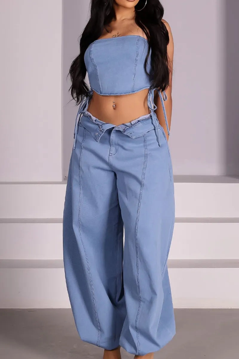 Women's Sleeveless Collar Zip Front Elastic Hem Denim Crop Top Or High Waist Gathered Wide Leg Pants