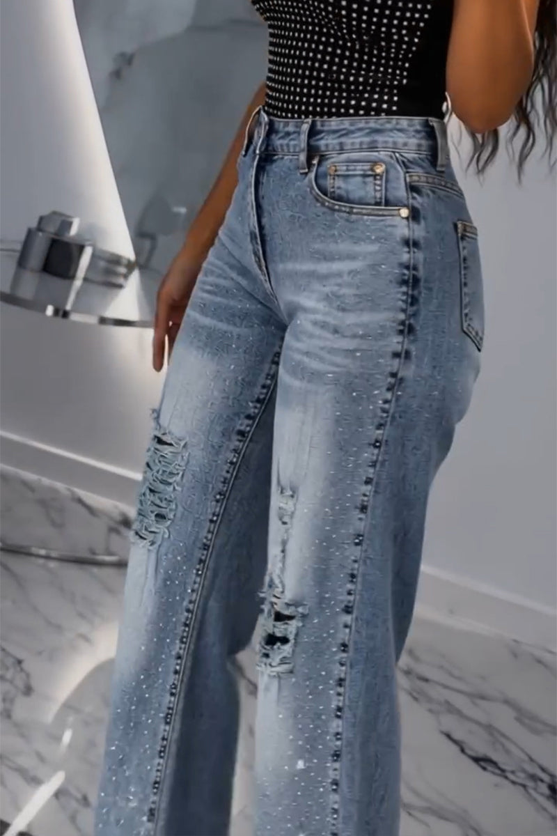 Women's Casual Rhinestone Vest or Washed Ripped Jeans