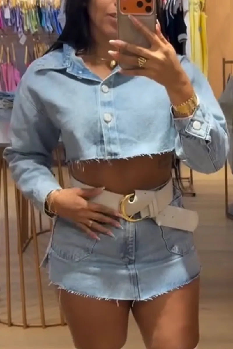 Women Casual Collar Short Denim Top or Denim Skirt