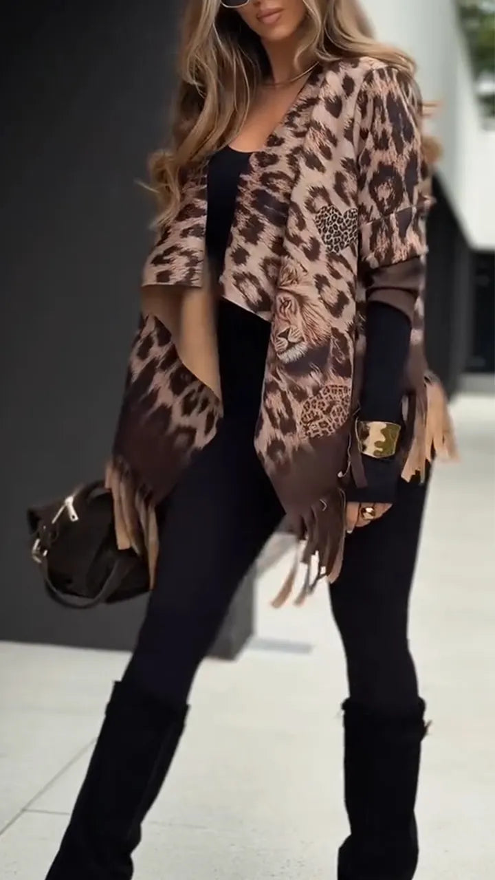 Ladies Leopard Print Fringe Casual Cardigan