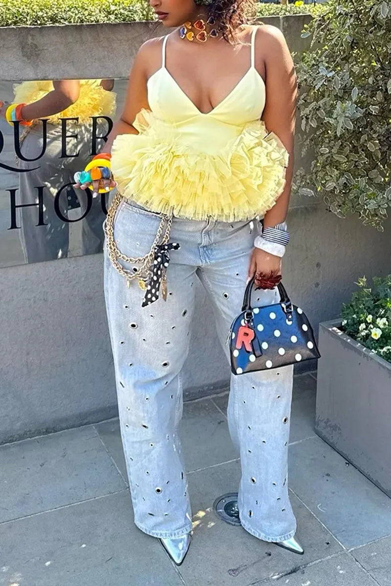 Women's V-Neck Flounce Fashion Vest or Metal Cutout Jeans