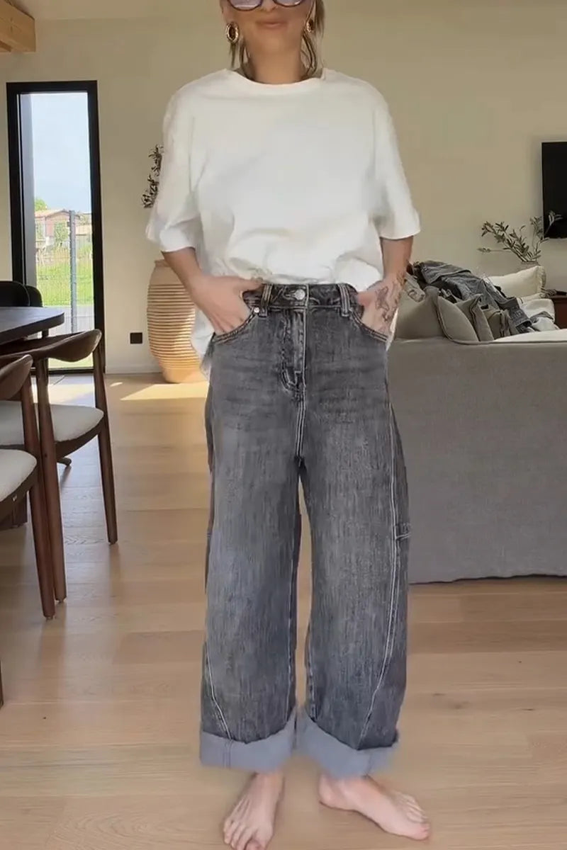 Women Casual Round Neck Heart-shaped Hollow Top or Washed Wide Leg Jeans