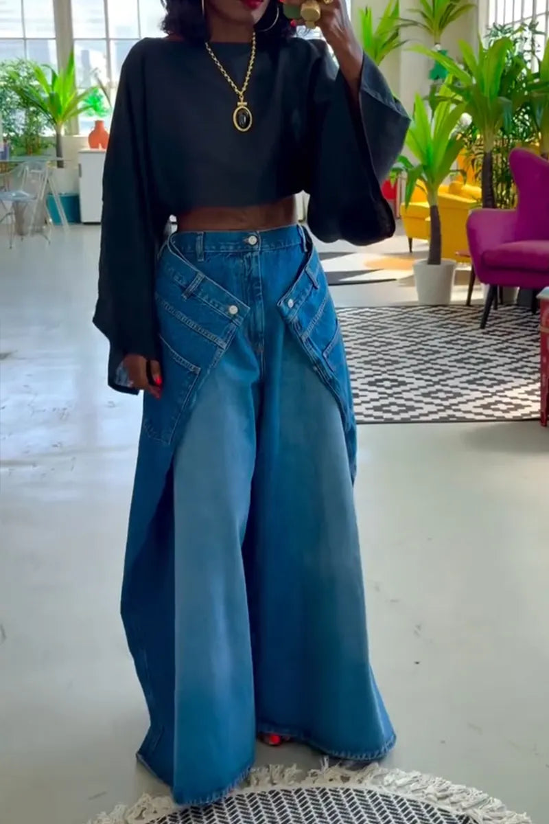 Women's Casual Silhouette Design Layered Wide Leg Jeans