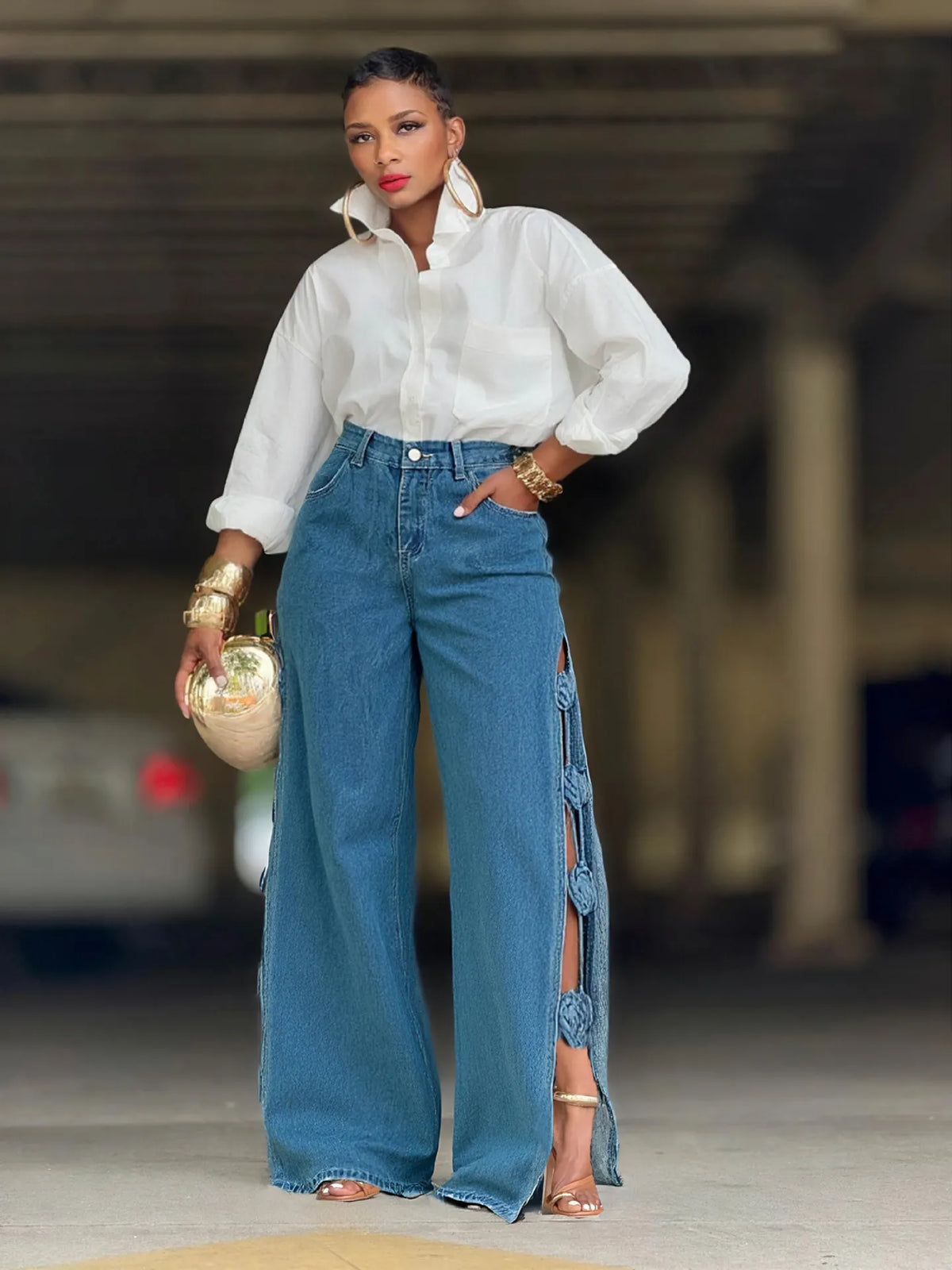 Designer Cut Out Slit Hem Handmade 3D Floral Jeans