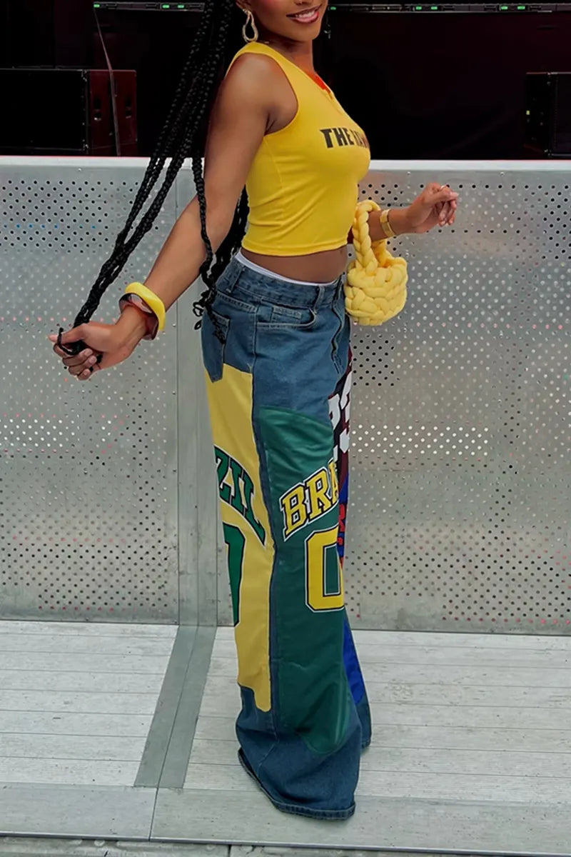 Women's Fashion Letter Print Color-Block Wide Leg Jeans