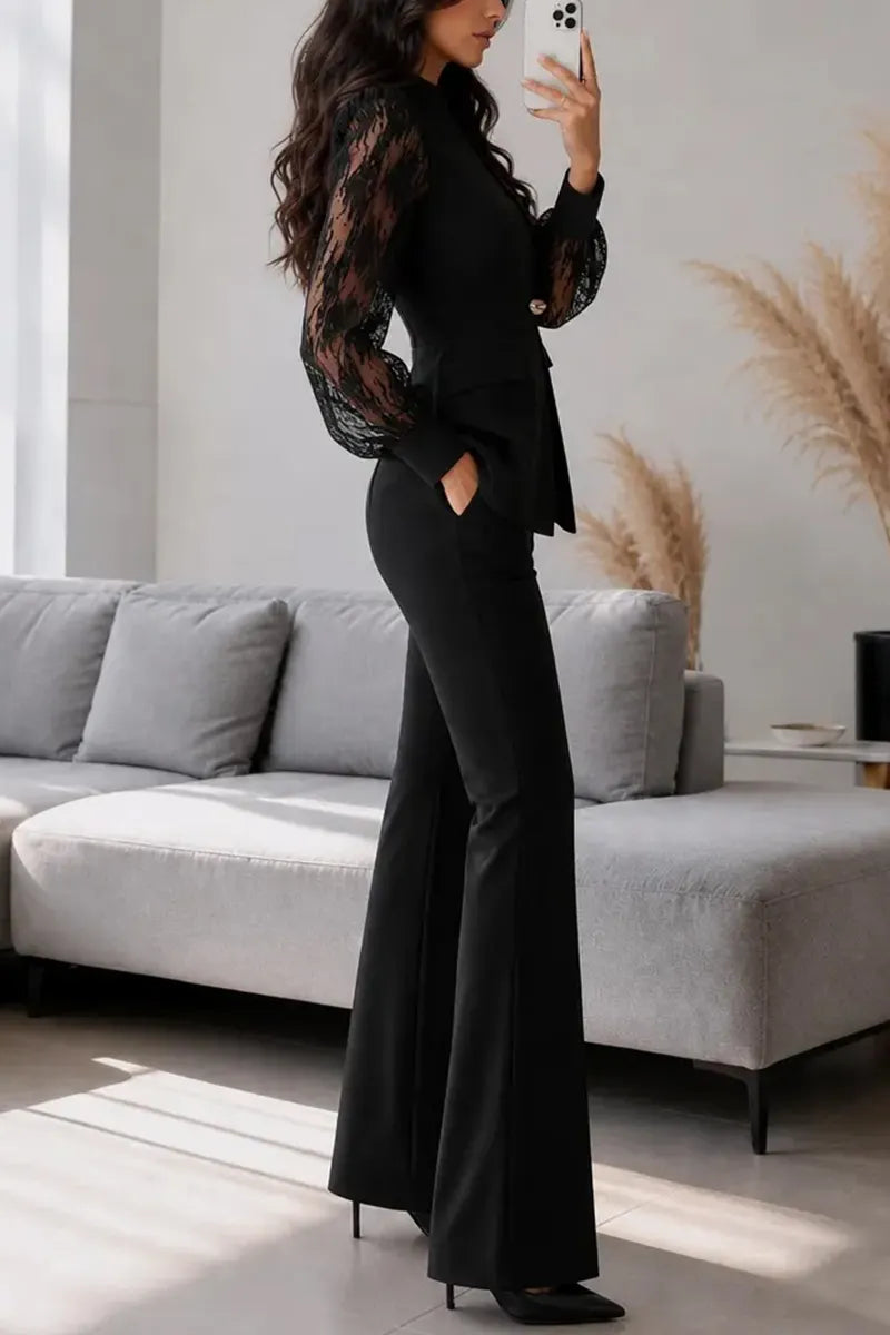 Women's Elegant Slim Fit Lace Sleeve Black Blazer Wide Leg Pants Set
