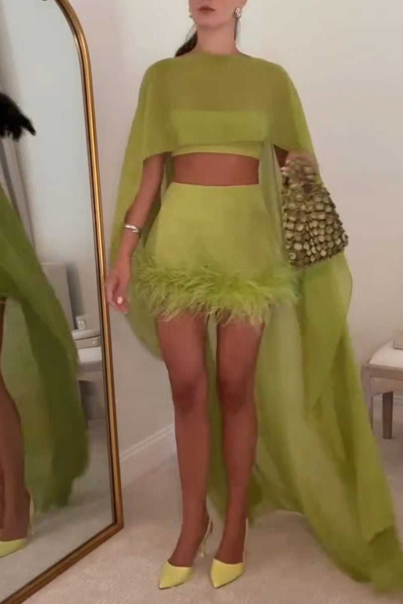 Women's Elegant Vest Long Cape Feather Skirt Three-Piece Set