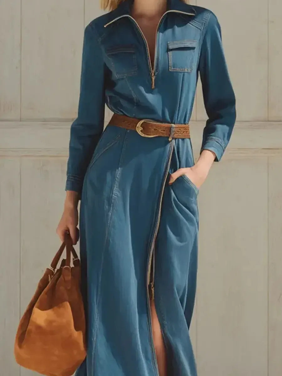 Women's Retro Zip Art Stylish Casual Denim Long Dress
