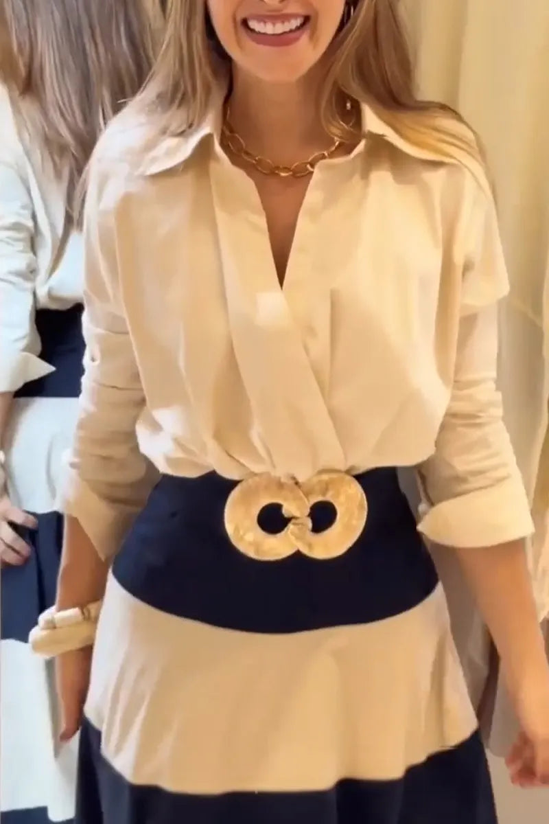 Women's Elegant Casual Collar Shirt or Contrasting Half Skirt