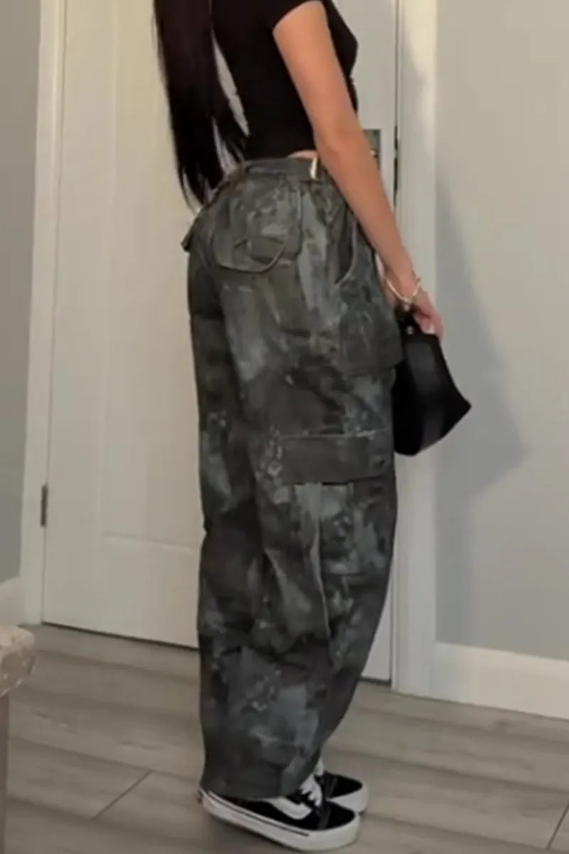 Women's Printed Street Style Jogger Jeans With Multiple Pockets
