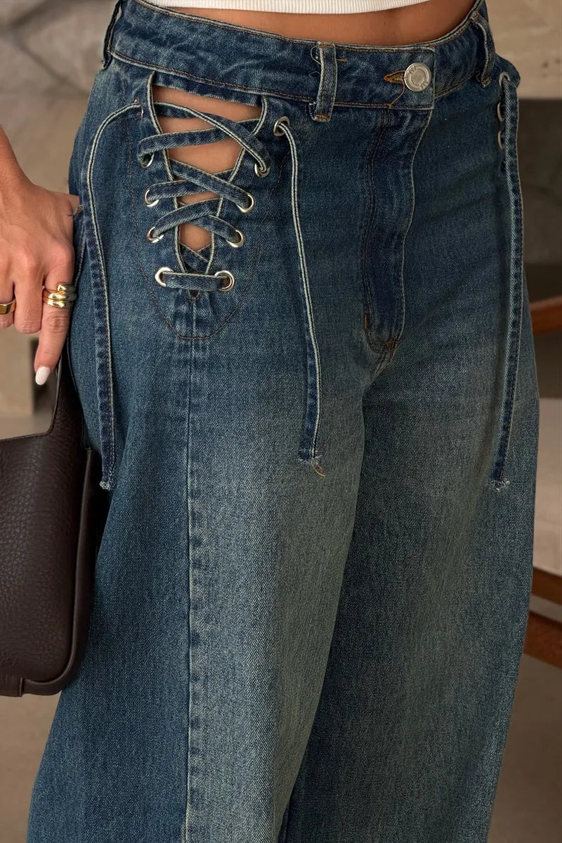 Women's Casual Waist Cutout Tie Trim Jeans
