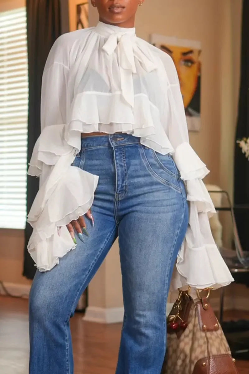 Women's Elegant Tiered Flounce Sleeve Blouse or Wide Leg Jeans