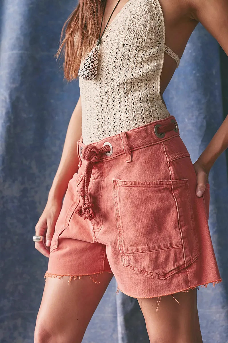 Women's Vintage Washed Terracotta Drawstring Waist Flap Cargo Pocket Raw Frayed Hem Denim Casual Shorts