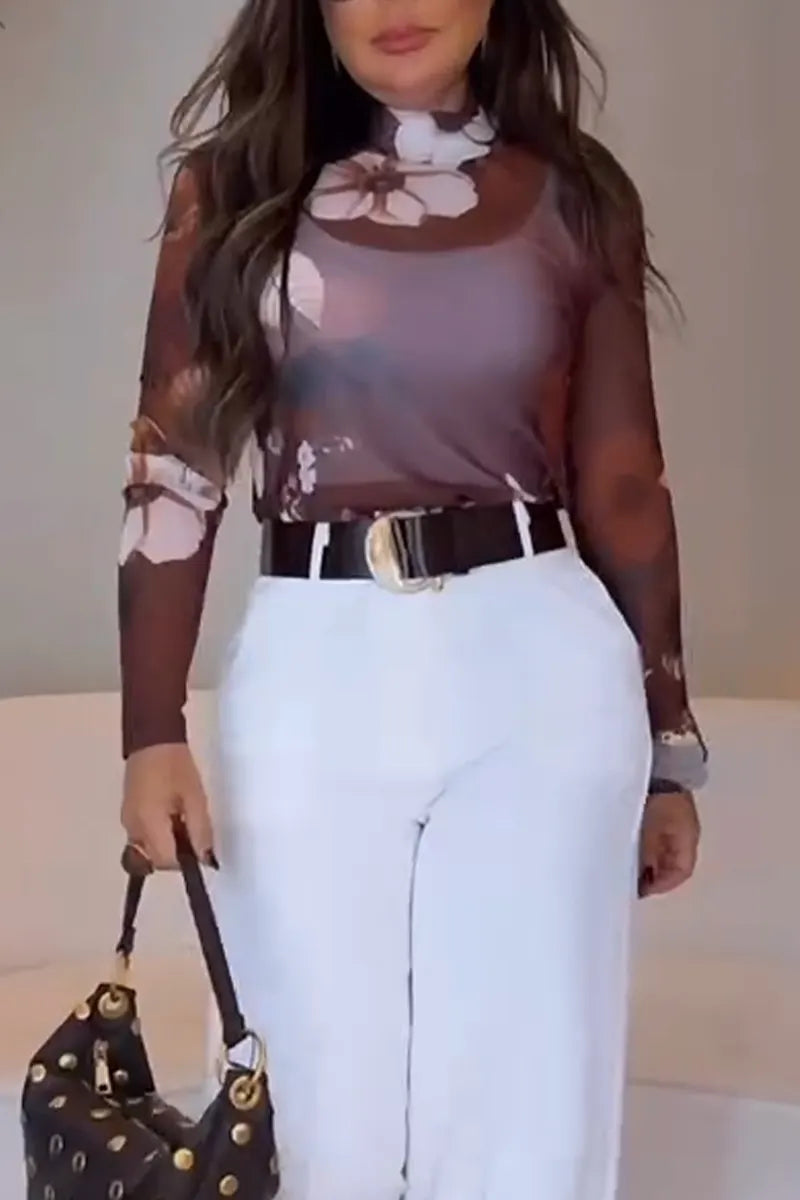 Women Casual Round Neck Printed See Through Top