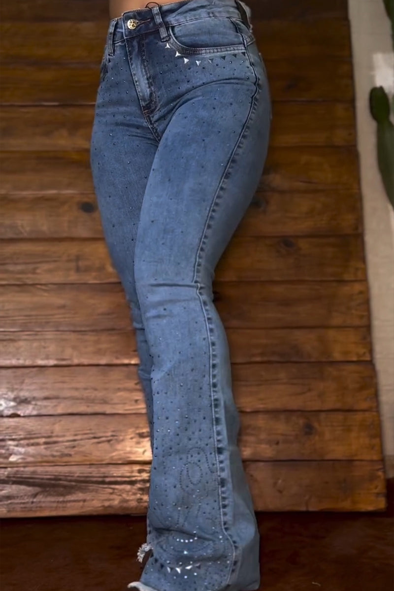 Women's Casual Rhinestone Rivet Decoration Jeans