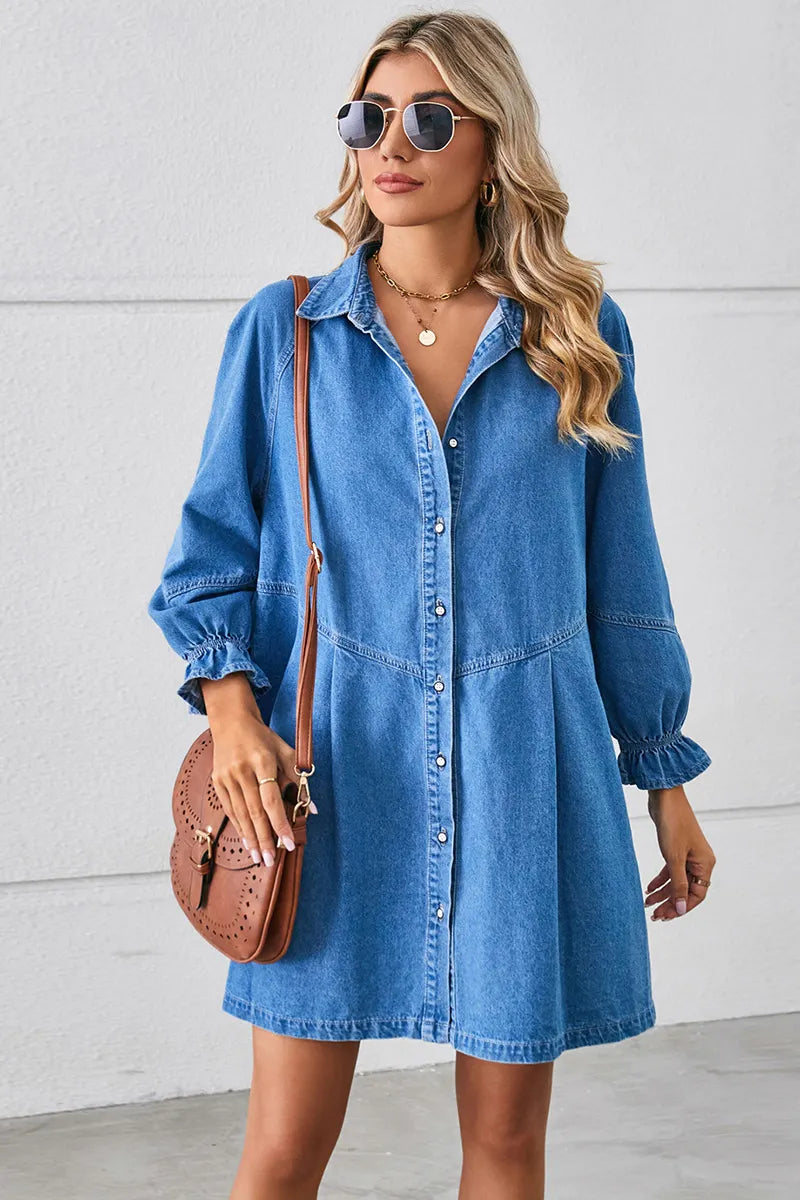 Casual Puff Sleeve Loose Fit Washed Denim Dress