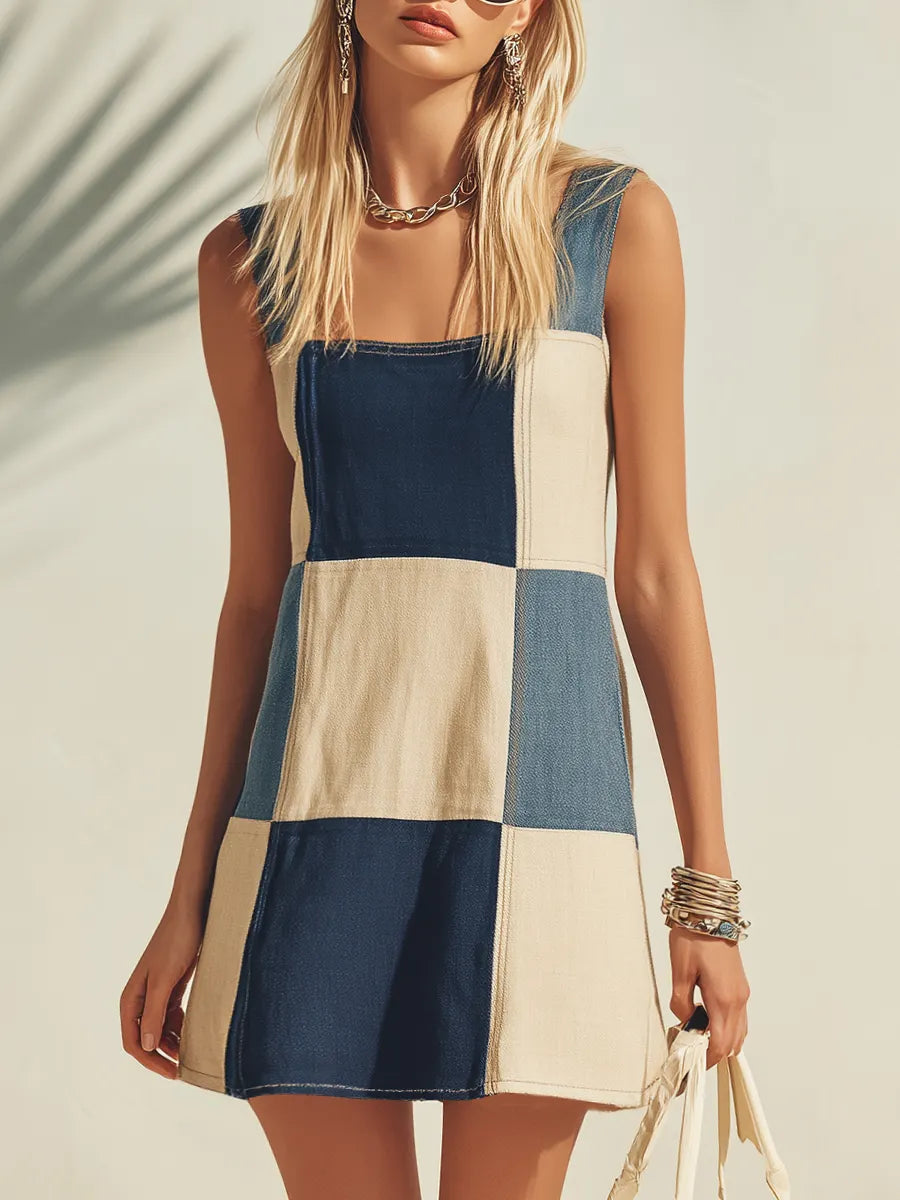 Bohemian Beach Vacation Sleeveless Blue And White Faux Denim Patchwork Square Neck Mini Dress
