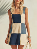Bohemian Beach Vacation Sleeveless Blue And White Faux Denim Patchwork Square Neck Mini Dress