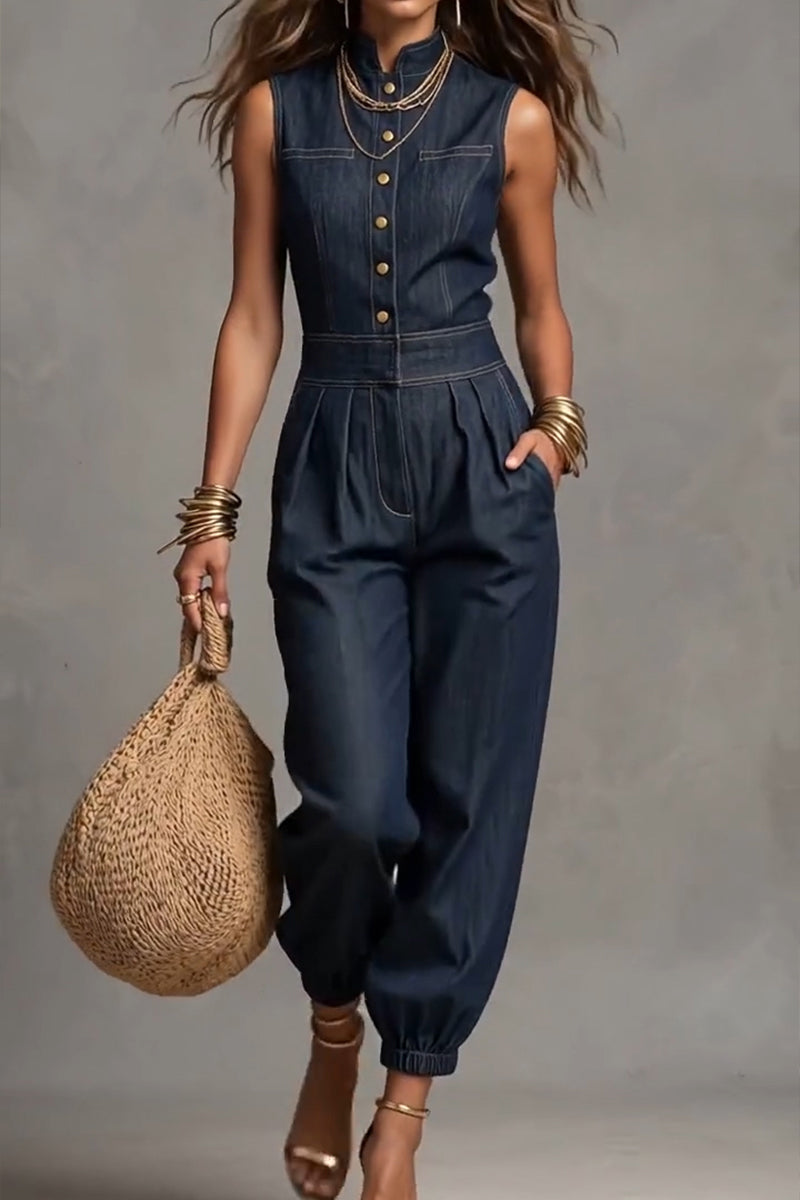 Women's Casual Button Elastic Cuff Denim Jumpsuit