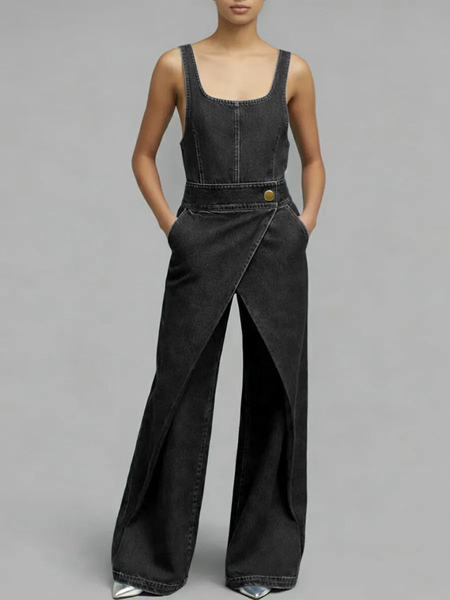 Women's Square-neck Sleeveless Loose-fitting Denim Wide-leg Jumpsuit