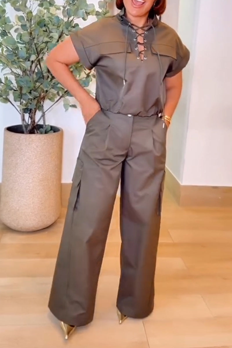 Women's Casual Lace-Up Top Cargo Pants Two-Piece Set