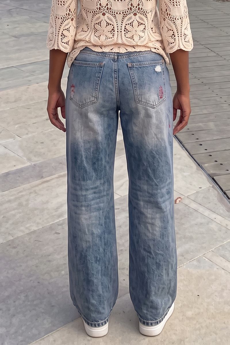 Women's Ripped Boyfriend Jeans with Red Patch Detail High Waisted Destroyed Wide Leg Denim Pants