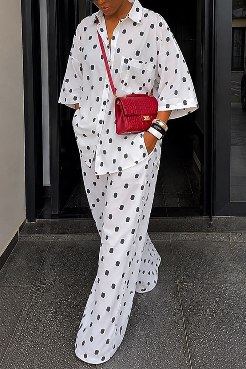 Women's Casual Loose Polka Dot Shirt Wide Leg Pants Two-Piece Set