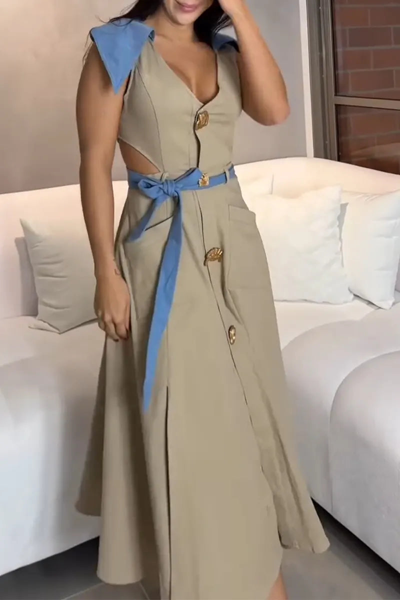 Women's Denim Collar with Hollowed Out Patchwork Elegant Temperament Dress