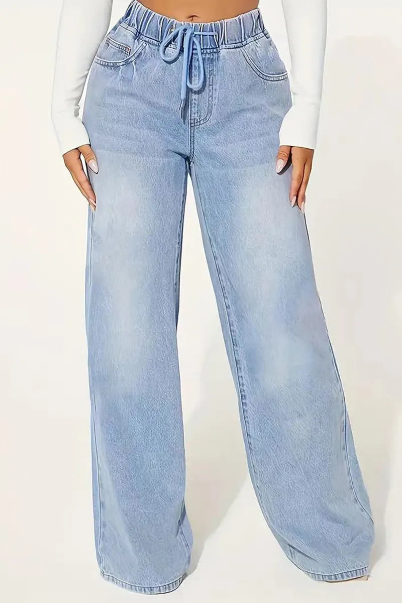 Waisted Drawstring Wide Leg Denim Jeans