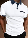 Color-Block Print Lapel Button Pocket Pullover Casual Polo Shirt