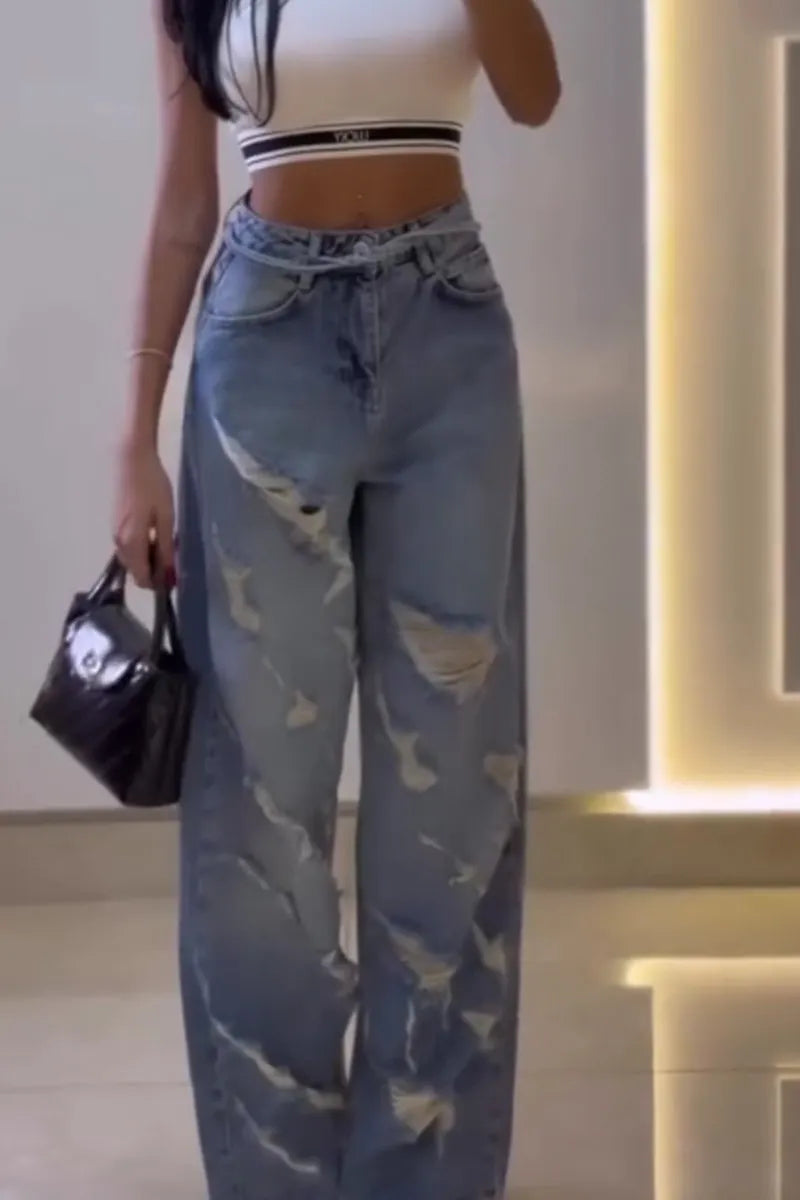 Women Multi Destroyed Frayed Ripped High Waist Wide Leg Floor Length Jeans
