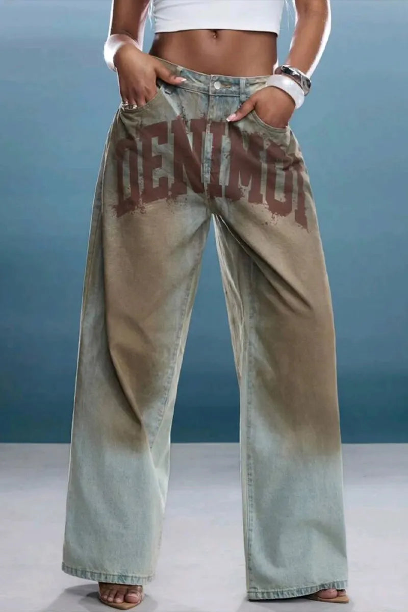 Women's Casual Distressed Wash Letter Print Wide Leg Jeans