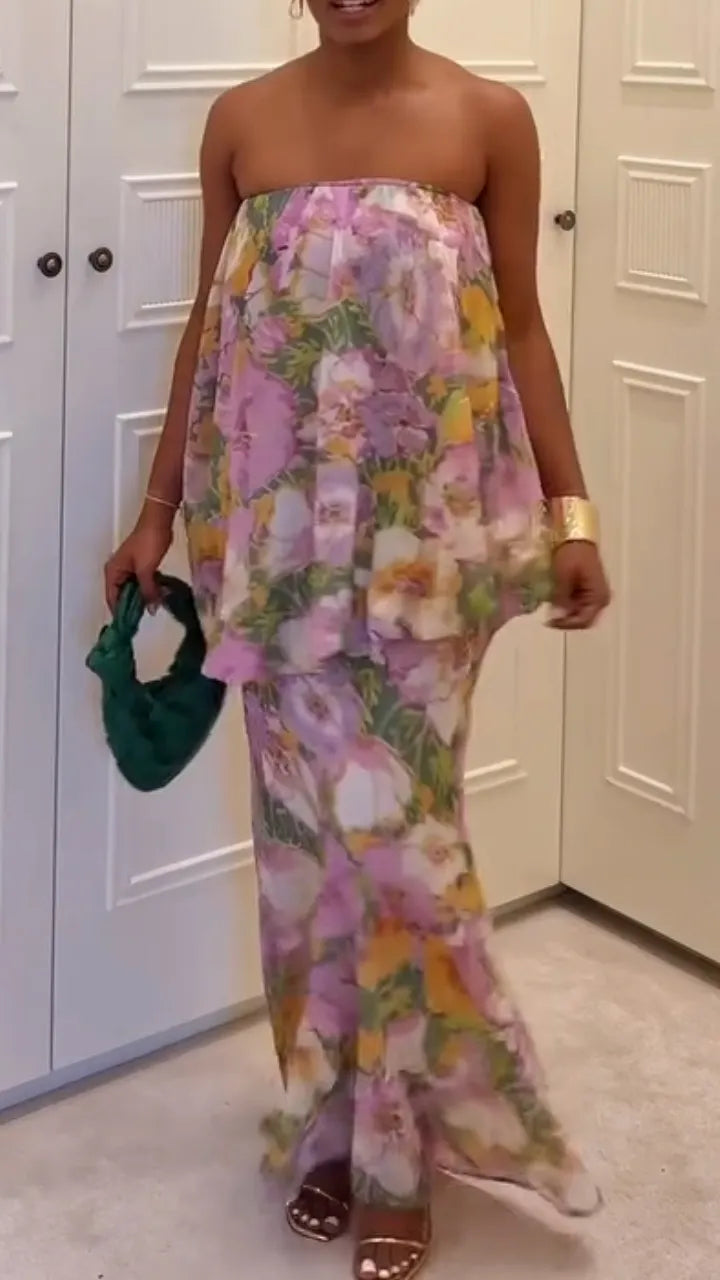Women Strapless Printed Top + Half Skirt Vacation Casual Style Set