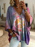 Women's Casual Washed Cotton Denim Shirt With “spread Peace” Artistic Print