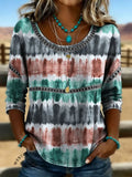 Women's Vintage Print Casual 3/4 Sleeves Hollow Denim Shirt