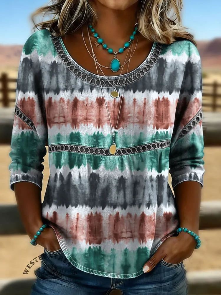 Women's Vintage Print Casual 3/4 Sleeves Hollow Denim Shirt