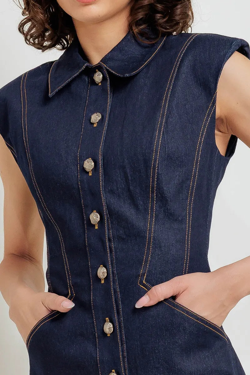 Women's Elegant Button Front Sleeveless Cropped Denim Dress