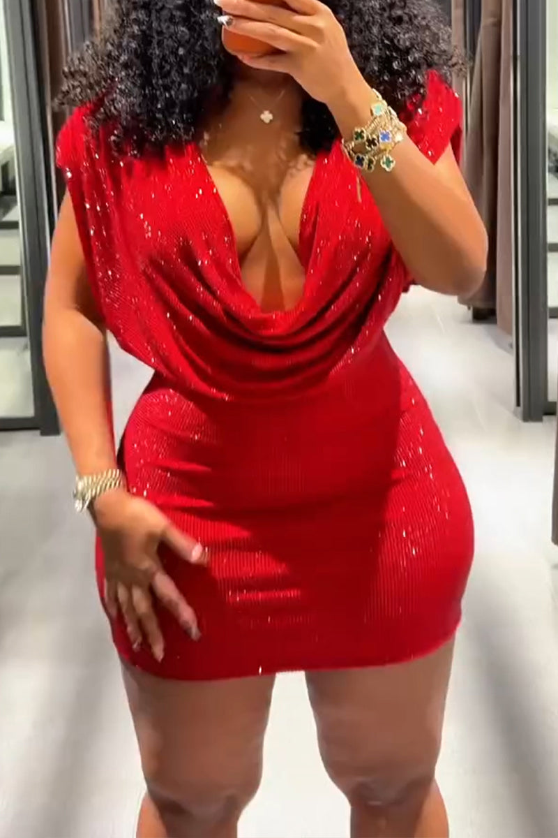Women's Elegant Drape Neck Shiny Sequins Holiday Slim Mini Dress